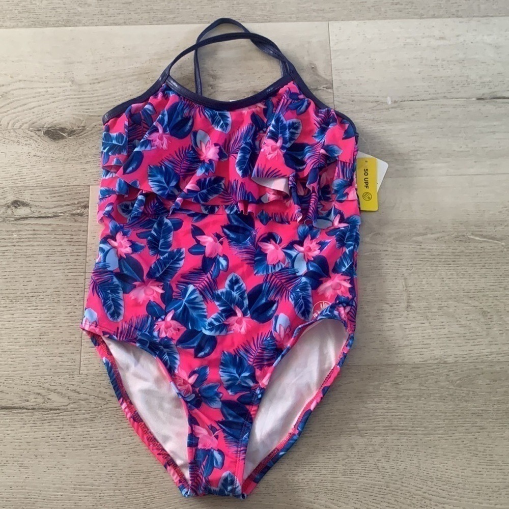 Body Glove Girls Pink Blue Tropical Floral Ruffle One Piece Swimsuit Size 12 NWT